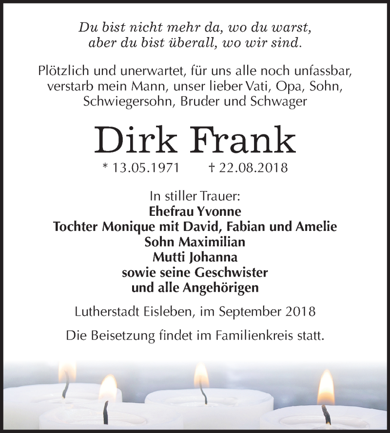  Traueranzeige für Dirk Frank vom 12.09.2018 aus Mitteldeutsche Zeitung