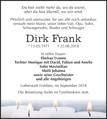 Traueranzeige von Dirk Frank von Mitteldeutsche Zeitung