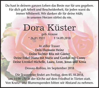 Traueranzeige von Dora Küster von Mitteldeutsche Zeitung Dessau-Roßlau