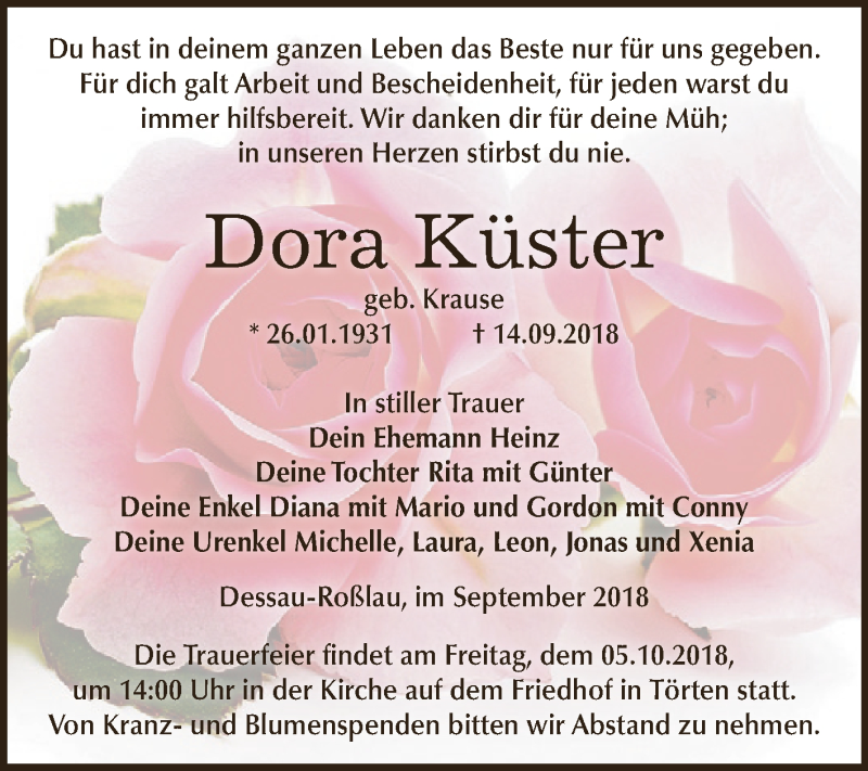  Traueranzeige für Dora Küster vom 22.09.2018 aus WVG - Wochenspiegel Dessau / Köthen