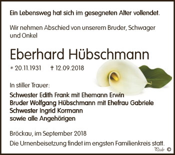 Traueranzeige von Eberhard Hübschmann von Super Sonntag Zeitz