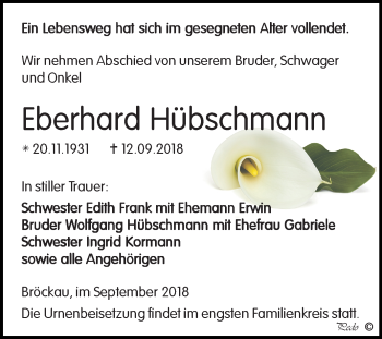 Traueranzeige von Eberhard Hübschmann von Mitteldeutsche Zeitung Zeitz