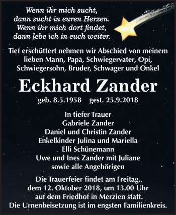 Traueranzeige von Eckhard Zander von Mitteldeutsche Zeitung Köthen