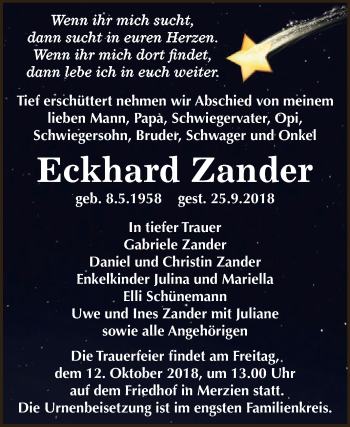Traueranzeige von Eckhard Zander von WVG - Wochenspiegel Dessau / Köthen