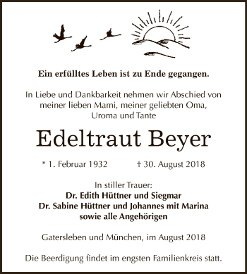 Traueranzeige von Edeltraut Beyer von Super Sonntag Aschersleben