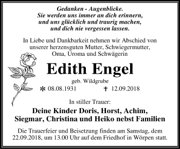 Traueranzeige von Edith Engel von Super Sonntag Wittenberg