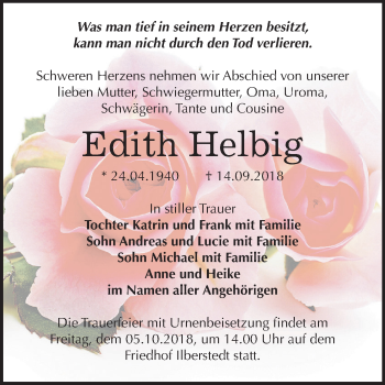Traueranzeige von Edith Helbig von Mitteldeutsche Zeitung Bernburg