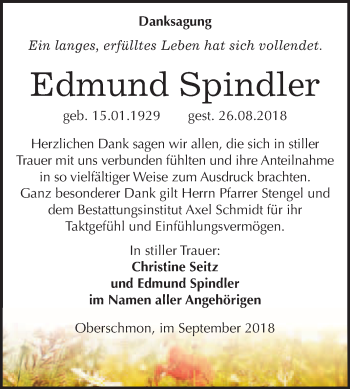 Traueranzeige von Edmund Spindler von WVG - Wochenspiegel Merseburg