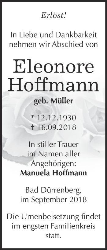 Traueranzeige von Eleonore Hoffmann von Super Sonntag Merseburg