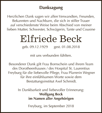 Traueranzeige von Elfriede Beck von WVG - Wochenspiegel NMB / WSF / ZTZ