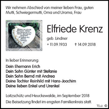Traueranzeige von Elfriede Krenz von Mitteldeutsche Zeitung Zeitz