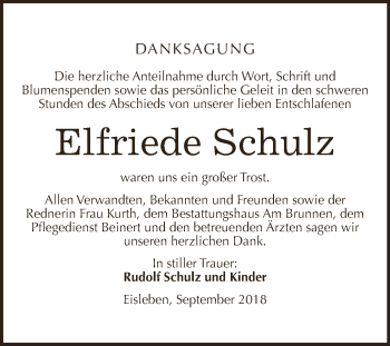 Traueranzeige von Elfriede Schulz von Wochenspiegel Mansfelder Land