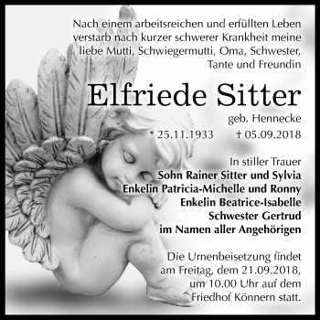 Traueranzeige von Elfriede Sitter von Mitteldeutsche Zeitung Bernburg