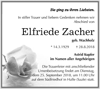 Traueranzeige von Elfriede Zacher von Mitteldeutsche Zeitung Halle/Saalkreis