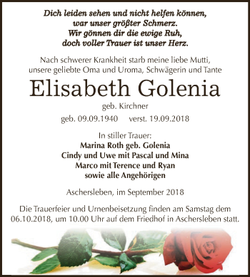 Traueranzeige von Elisabeth Golenia von Super Sonntag Aschersleben