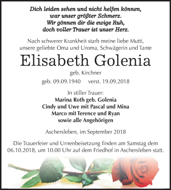 Traueranzeige von Elisabeth Golenia von Mitteldeutsche Zeitung Aschersleben