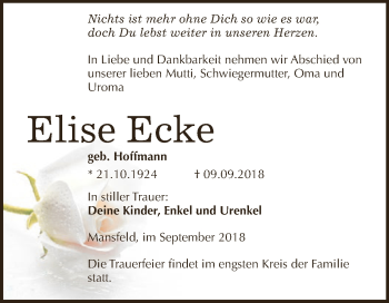 Traueranzeige von Elise Ecke von Wochenspiegel Mansfelder Land