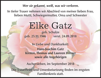 Traueranzeige von Elke Gatz von Mitteldeutsche Zeitung Aschersleben