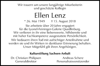 Traueranzeige von Ellen Lenz von Mitteldeutsche Zeitung Quedlinburg