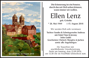 Traueranzeige von Ellen Lenz von Mitteldeutsche Zeitung Quedlinburg