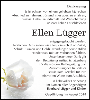 Traueranzeige von Ellen Lügger von Mitteldeutsche Zeitung Quedlinburg