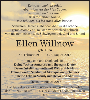 Traueranzeige von Ellen Willnow von Mitteldeutsche Zeitung Weißenfels