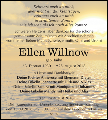 Traueranzeige von Ellen Willnow von Super Sonntag Merseburg