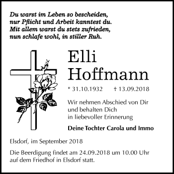 Traueranzeige von Elli Hoffmann von Mitteldeutsche Zeitung Köthen