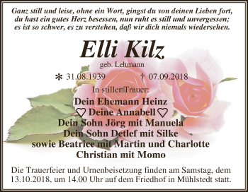 Traueranzeige von Elli Kilz von WVG - Wochenspiegel Dessau / Köthen