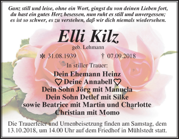 Traueranzeige von Elli Kilz von Mitteldeutsche Zeitung Dessau-Roßlau
