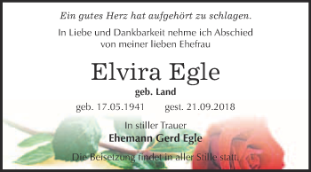 Traueranzeige von Elvira Egle von WVG - Wochenspiegel Wittenberg
