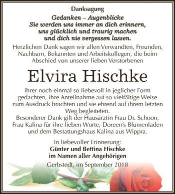 Traueranzeige von Elvira Hischke von Super Sonntag SGH Mansf. Land