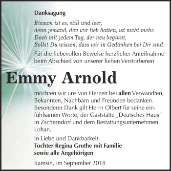 Traueranzeige von Emmy Arnold von WVG - Wochenspiegel Bitterfeld