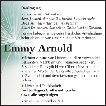 Traueranzeige von Emmy Arnold von Mitteldeutsche Zeitung Bitterfeld