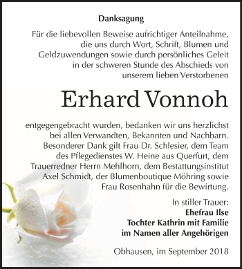 Traueranzeige von Erhard Vonnoh von WVG - Wochenspiegel Merseburg