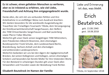 Traueranzeige von Erich Beutelrock von Mitteldeutsche Zeitung Sangerhausen