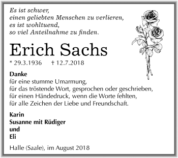 Traueranzeige von Erich Sachs von Mitteldeutsche Zeitung Halle/Saalkreis