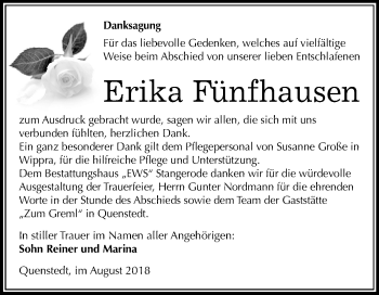 Traueranzeige von Erika Fünfhausen von Mitteldeutsche Zeitung