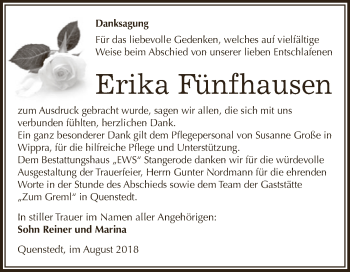 Traueranzeige von Erika Fünfhausen von Wochenspiegel Mansfelder Land
