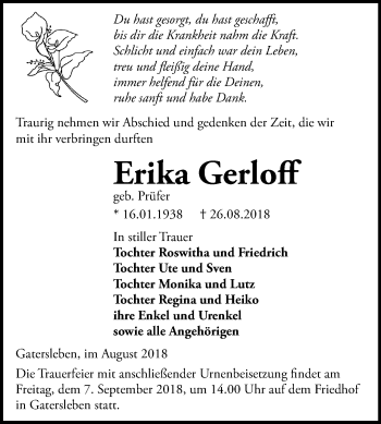 Traueranzeige von Erika Gerloff von Mitteldeutsche Zeitung Aschersleben