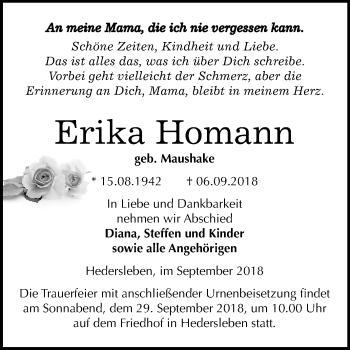 Traueranzeige von Erika Homann von Mitteldeutsche Zeitung Quedlinburg