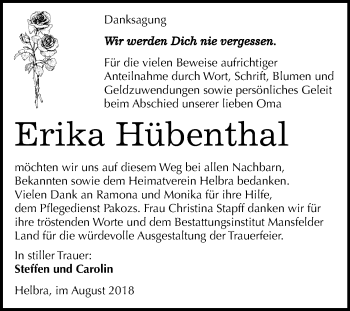 Traueranzeige von Erika Hübenthal von Mitteldeutsche Zeitung