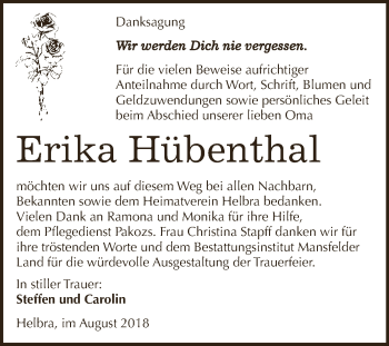 Traueranzeige von Erika Hübenthal von Super Sonntag SGH Mansf. Land