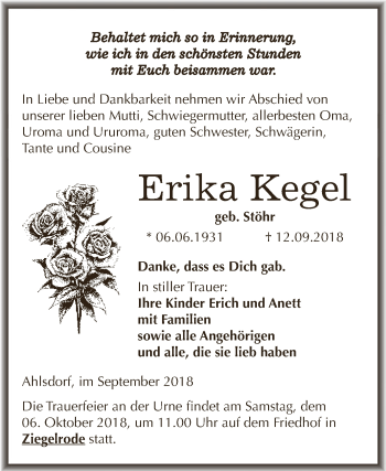 Traueranzeige von Erika Kegel von Wochenspiegel Mansfelder Land