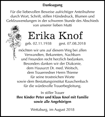 Traueranzeige von Erika Knof von Mitteldeutsche Zeitung