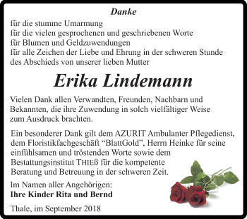 Traueranzeige von Erika Lindemann von Mitteldeutsche Zeitung Quedlinburg