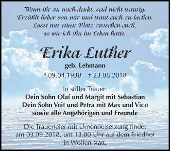 Traueranzeige von Erika Luther von Mitteldeutsche Zeitung Bitterfeld