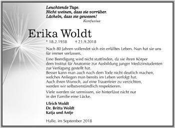 Traueranzeige von Erika Woldt von Mitteldeutsche Zeitung Halle/Saalkreis