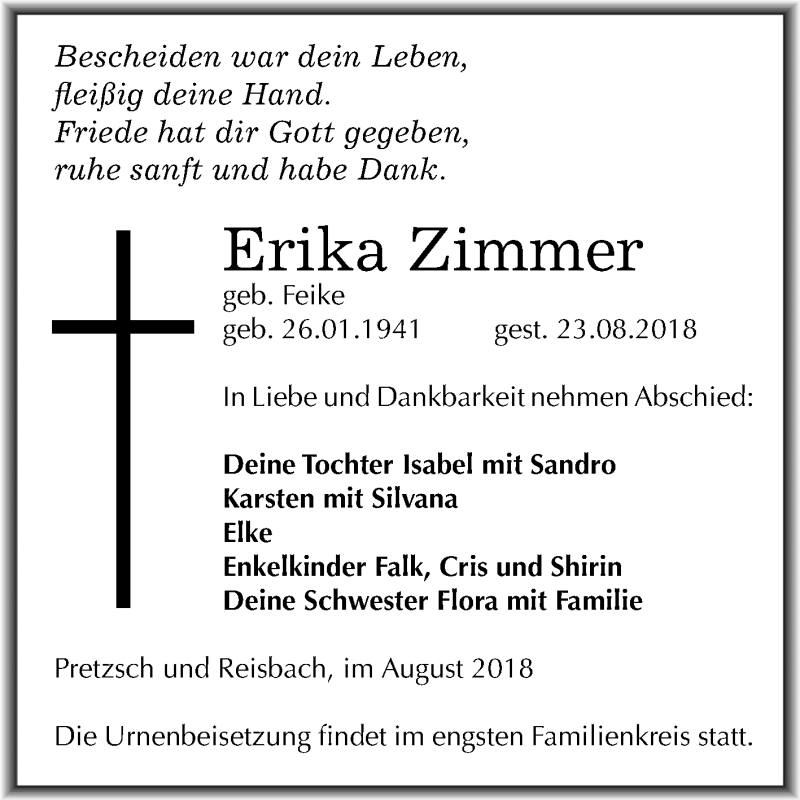  Traueranzeige für Erika Zimmer vom 01.09.2018 aus Mitteldeutsche Zeitung Weißenfels