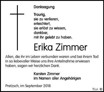 Traueranzeige von Erika Zimmer von Mitteldeutsche Zeitung Weißenfels